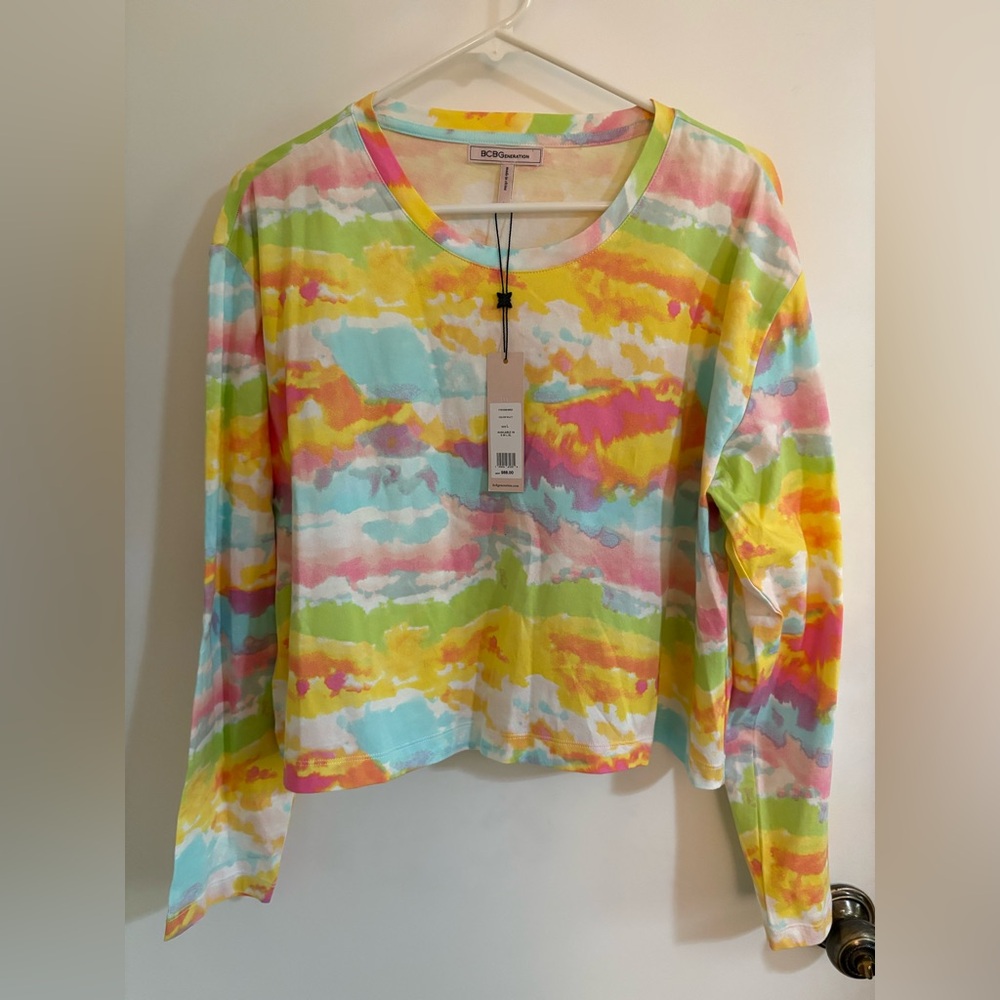 BCBGeneration Multicolor Watercolor Stripe Long-Sleeve Top - Pastel NWT